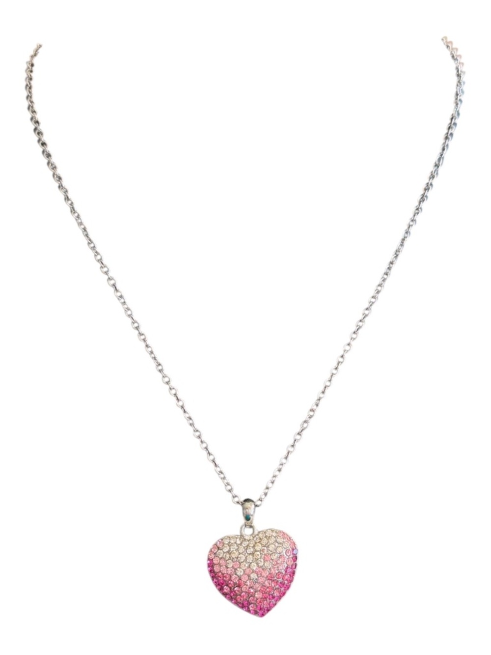 Silver‑Tone Heart Pendant Necklace with Pink Gradient Crystals